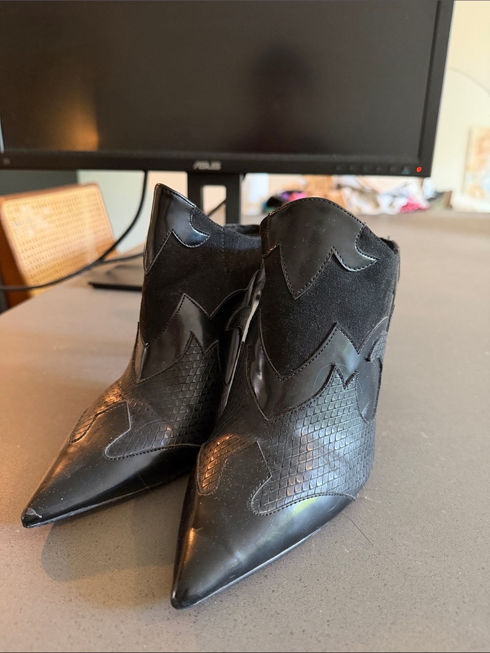 Zara Black Pointed Western-Style Ankle Booties
